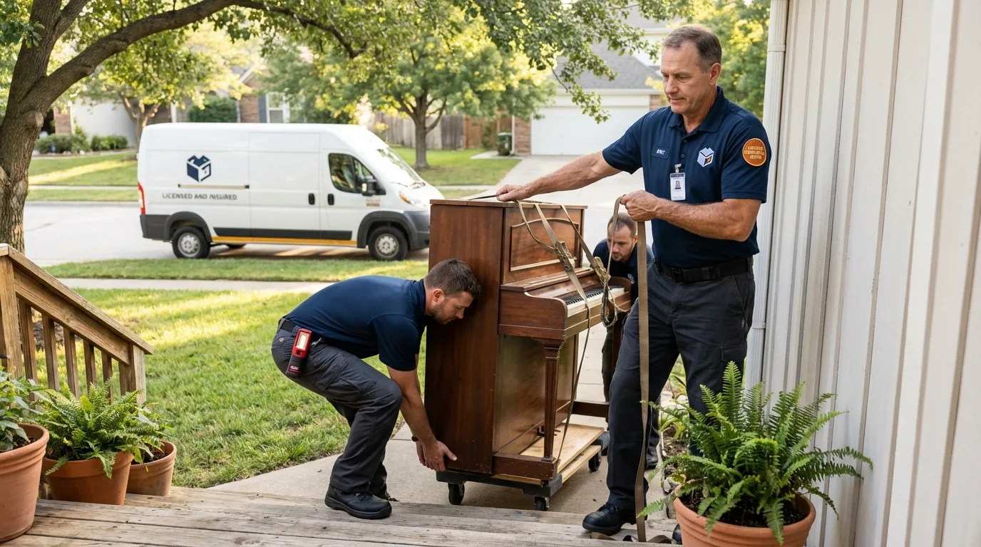 Licensed piano movers securing grand piano in Lookout Mountain, TN