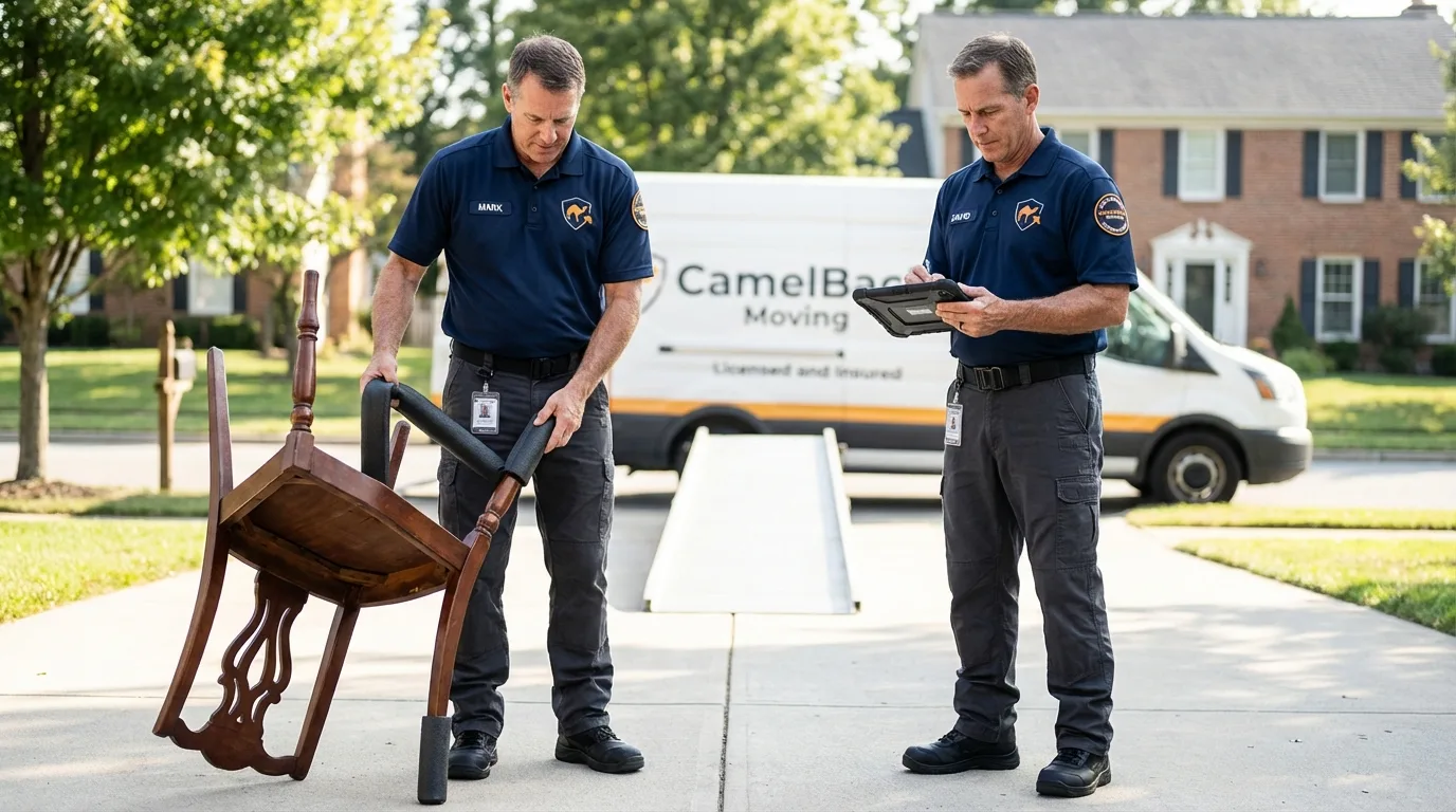 Movers inspecting furniture for damage prevention before loading in Lookout Mountain, TN