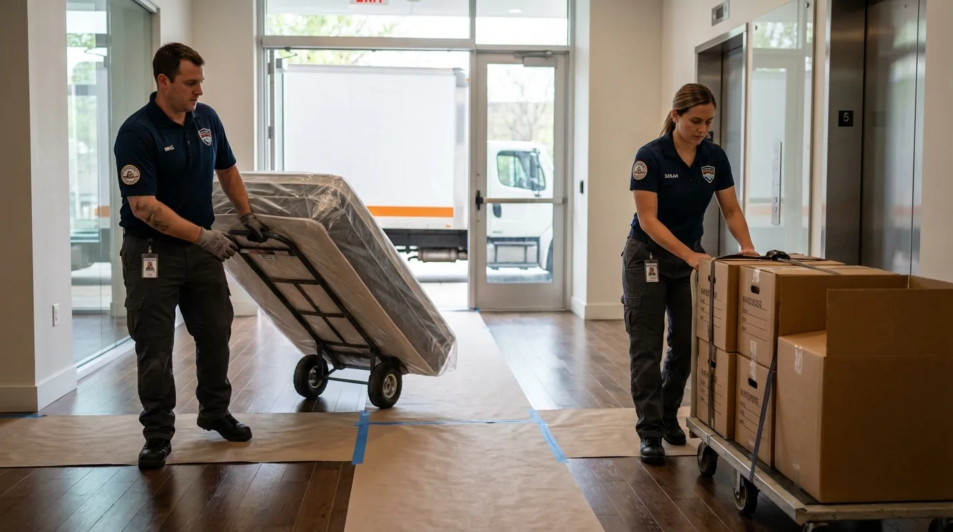 Professional apartment movers loading elevator in Lookout Mountain, TN