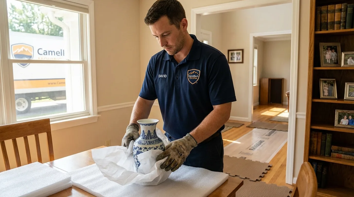 Professional crew carefully wrapping antique vase for senior downsizing move in Lookout Mountain, TN